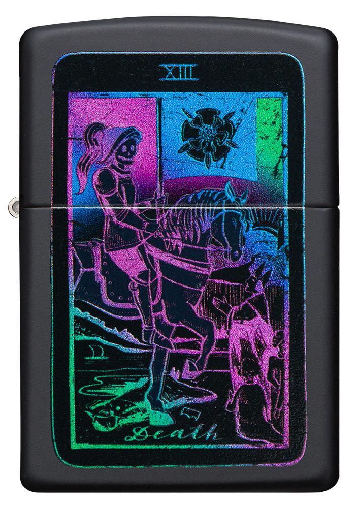Front view of Black Light Tarot Card Design Black Matte Windproof Lighter.